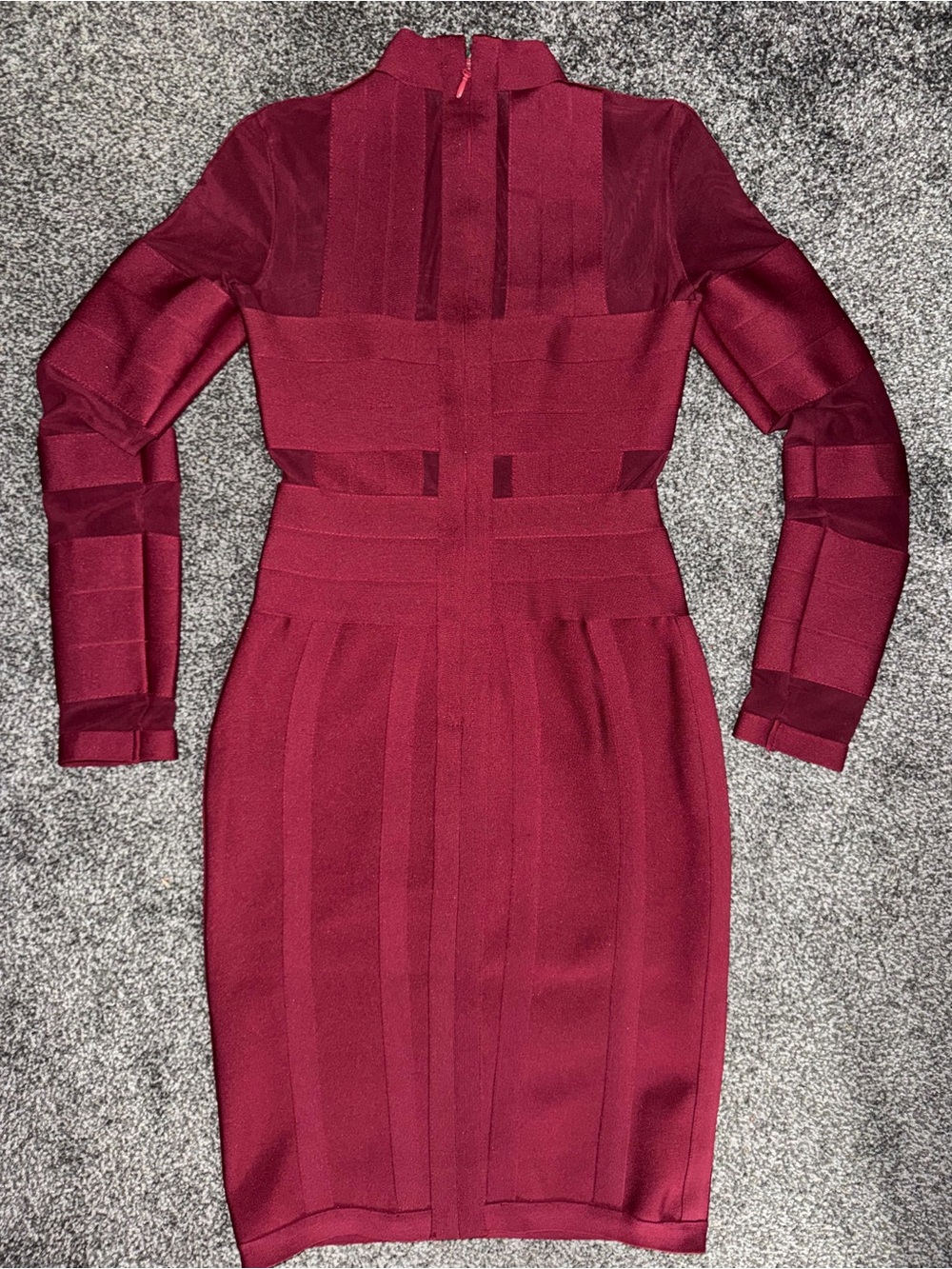 Women’s Long Sleeve Burgundy Sheer Panel Bodycon Dress - Picture 3 of 7